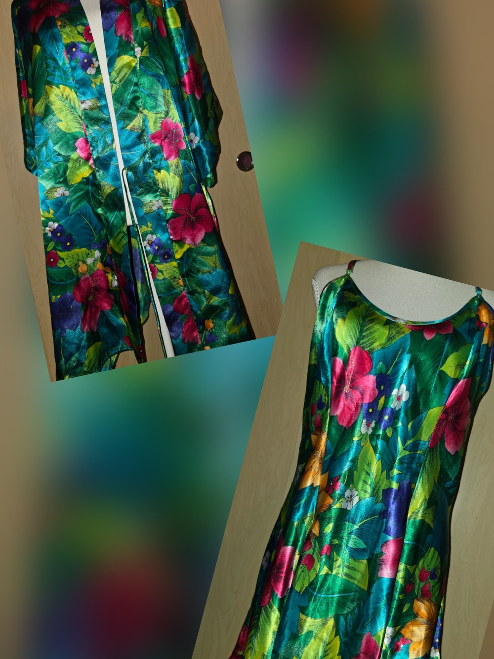 Morgan Taylor Vintage Tropical Floral Satin Robe & Slip Nightgown Set Size L / M